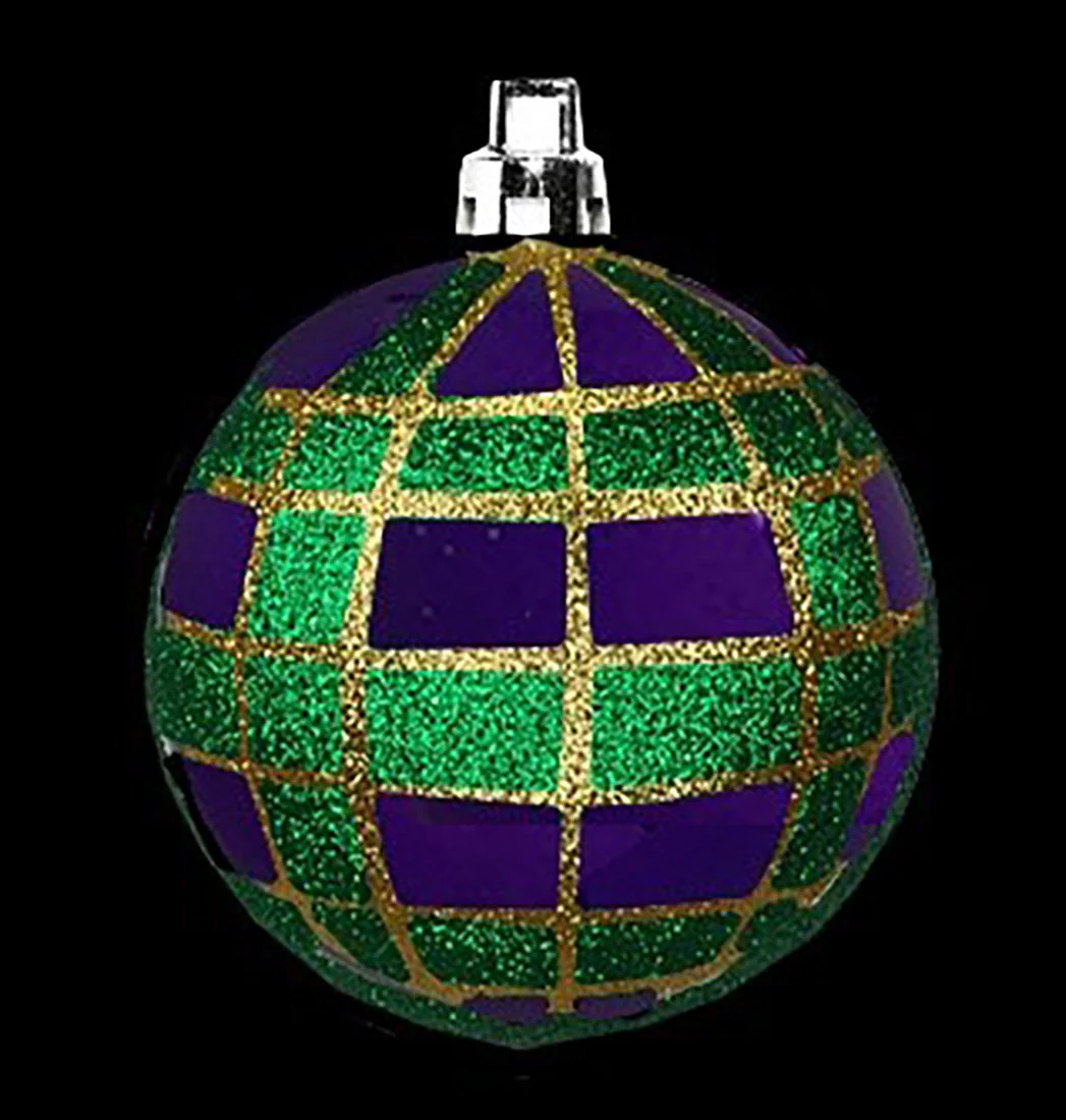 12 Pack of Green, Purple and Gold Plaid Ball Ornaments with Glitter Enhancements
