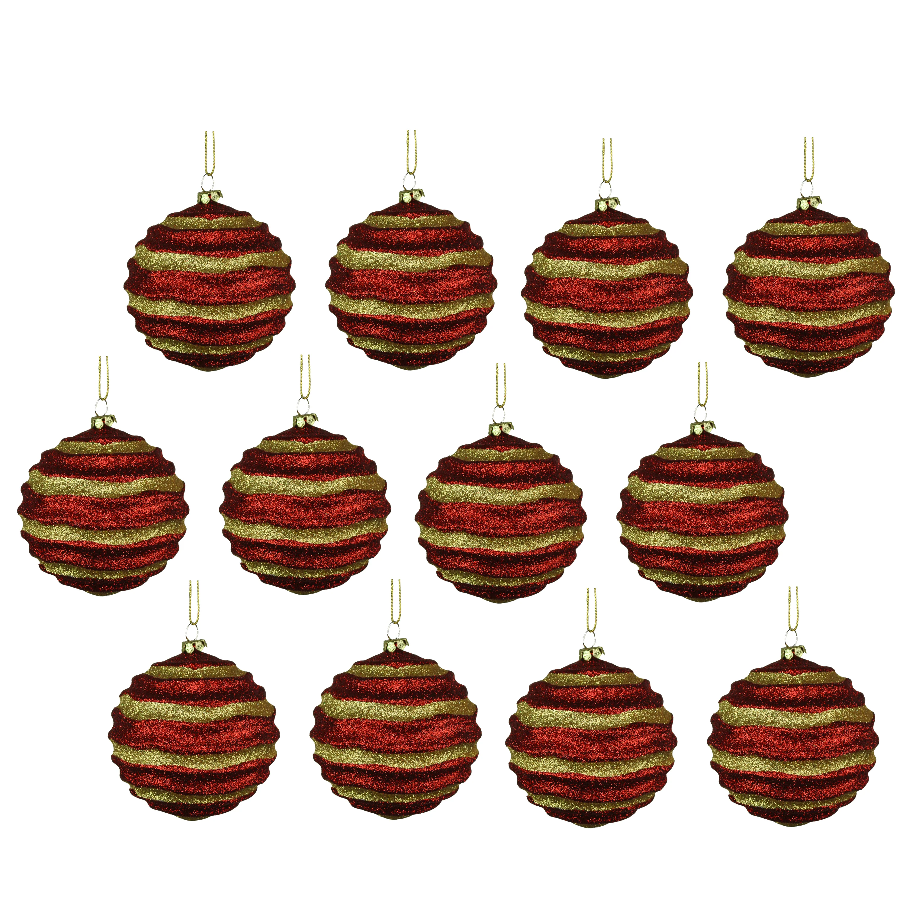 12 Pack of Red and Gold Wavy Ball Ornaments with Glitter Enhancements - Image 2