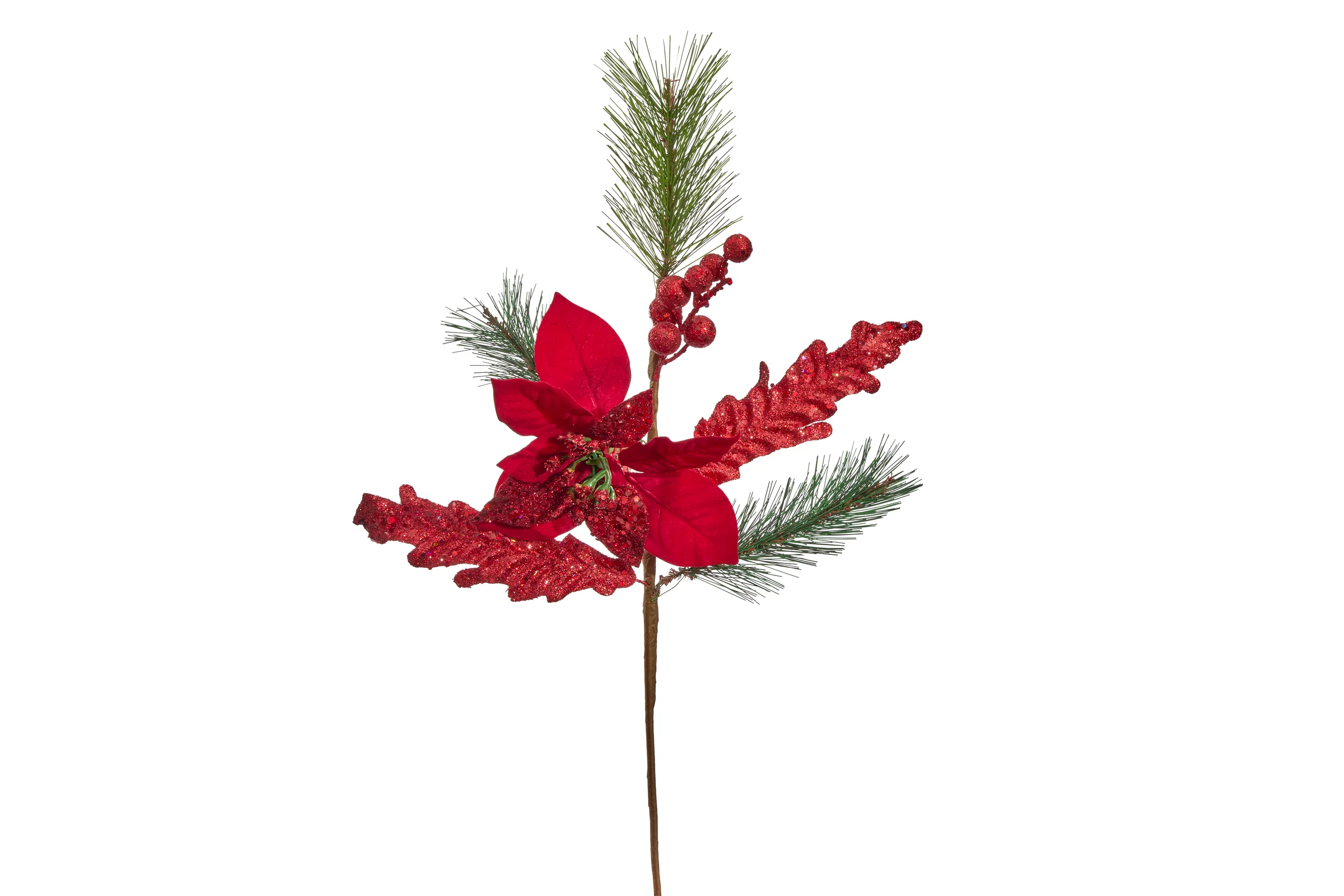2 Pack of Pine and Poinsettia Glitter Enhanced Picks with Berries and Fruit