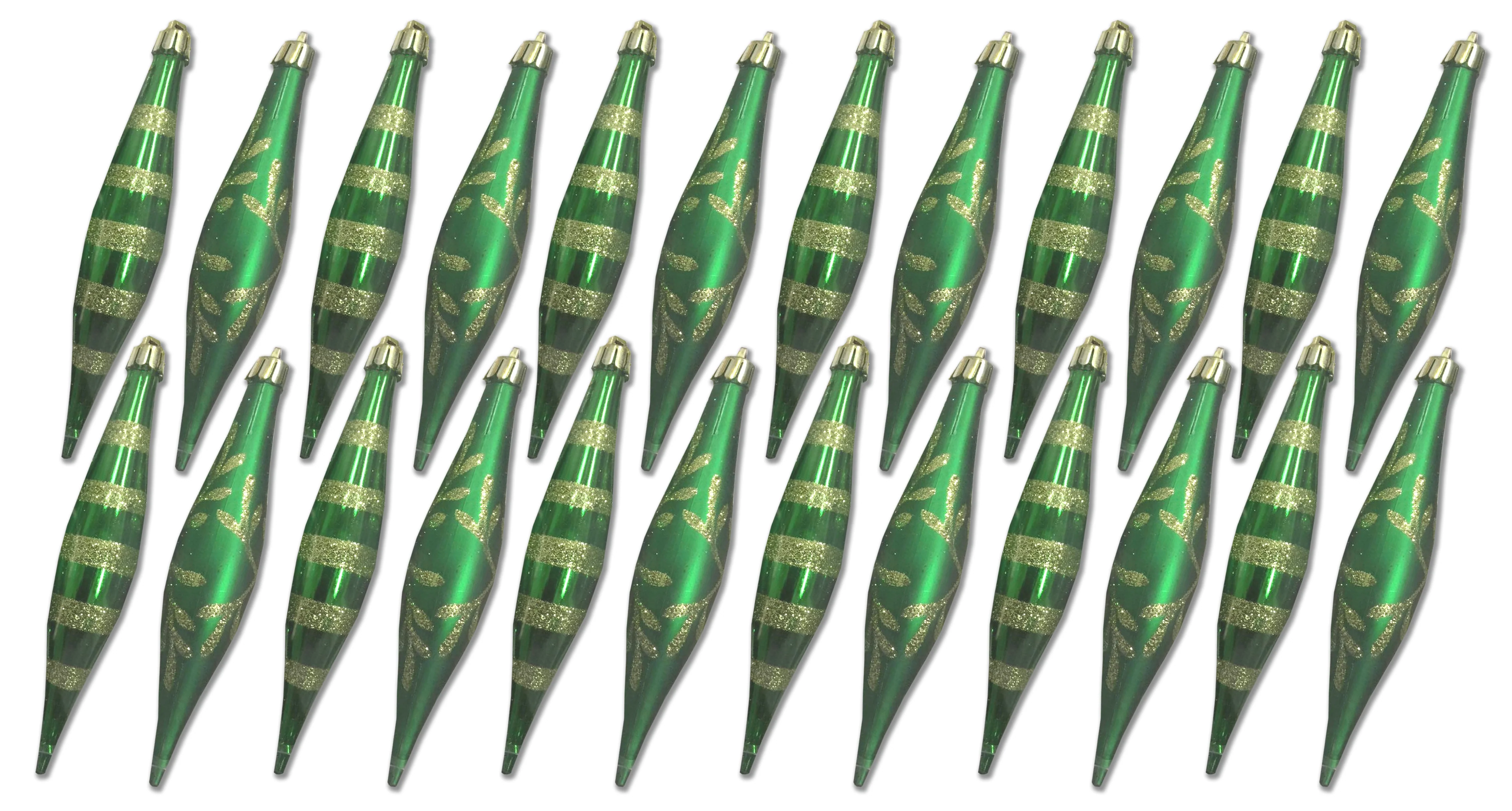 24 Pack Green Finial Ornament with Snowflake and Line Glitter Design