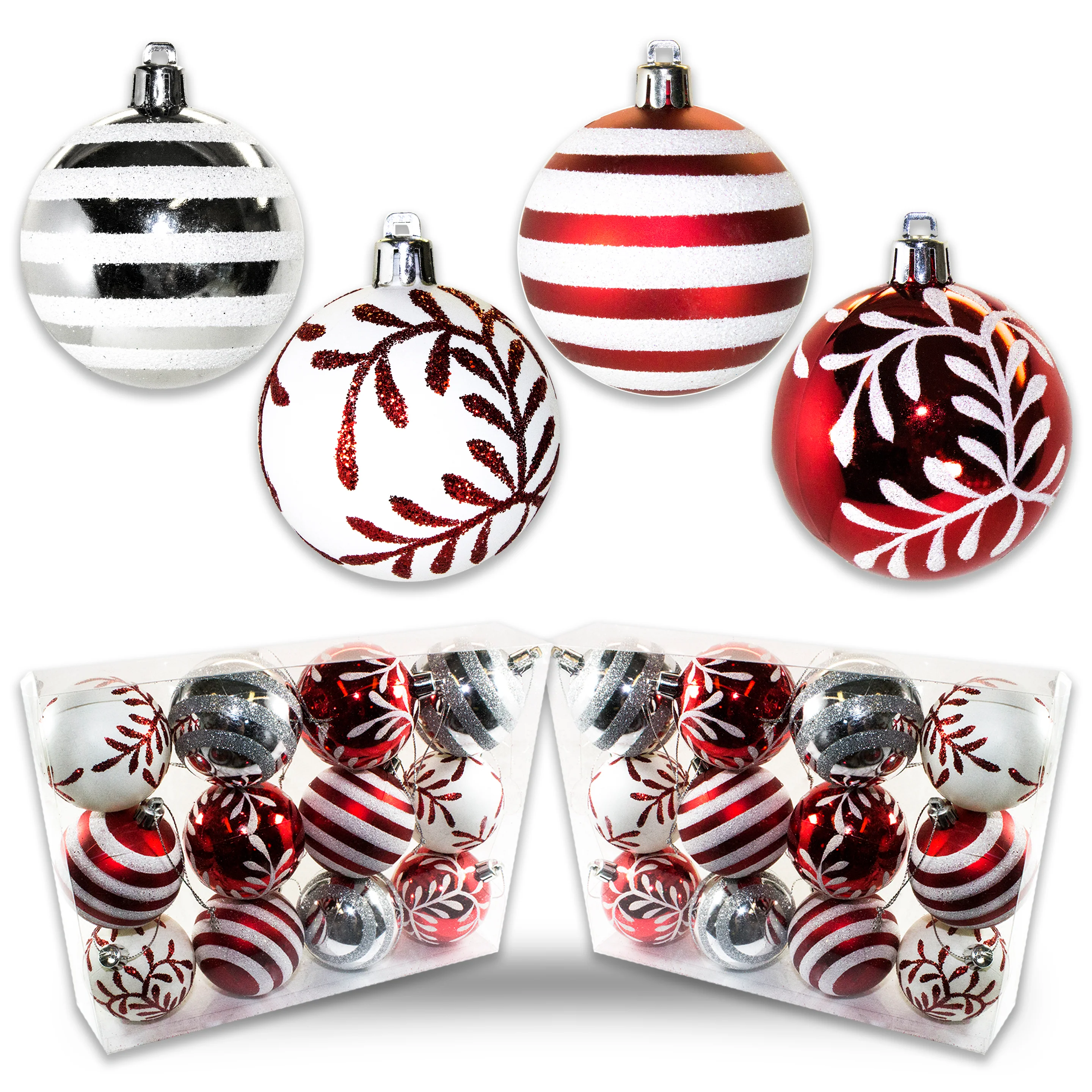 24 Pack of Red and White Assorted Design Ball Ornaments with Glitter Enhancements