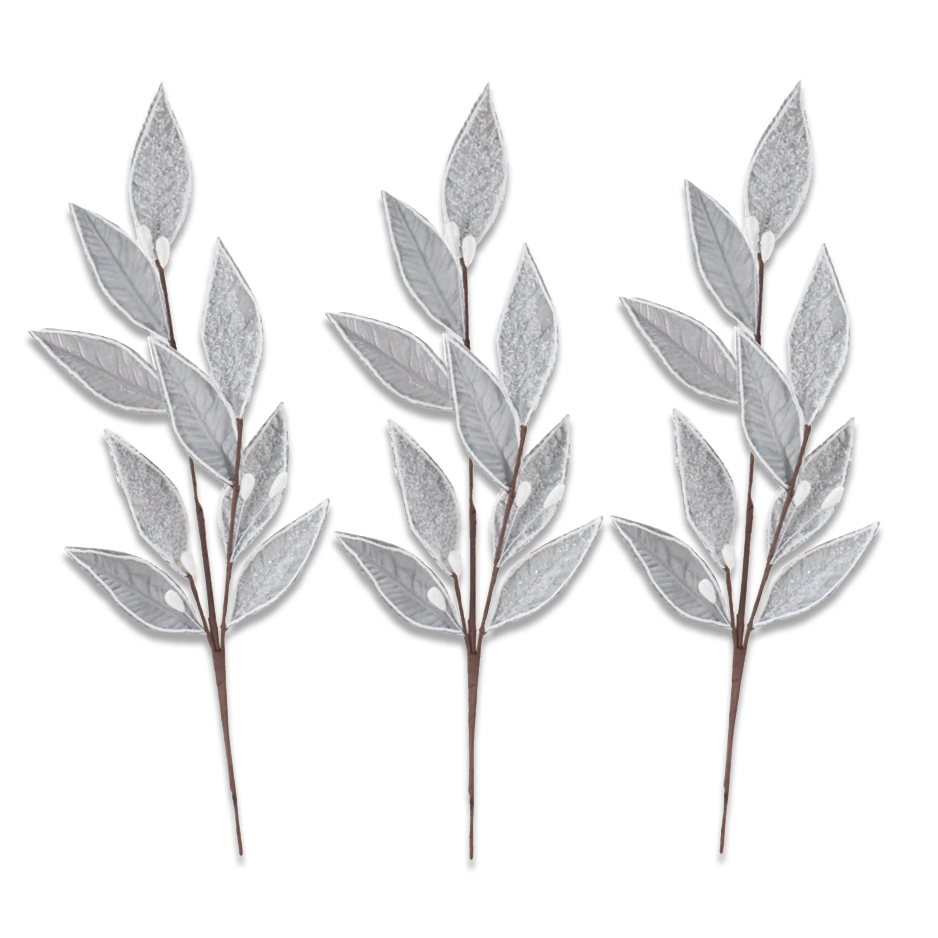 3 Pack of Silver Leafy Picks with Silver Glitter Accents - Image 2