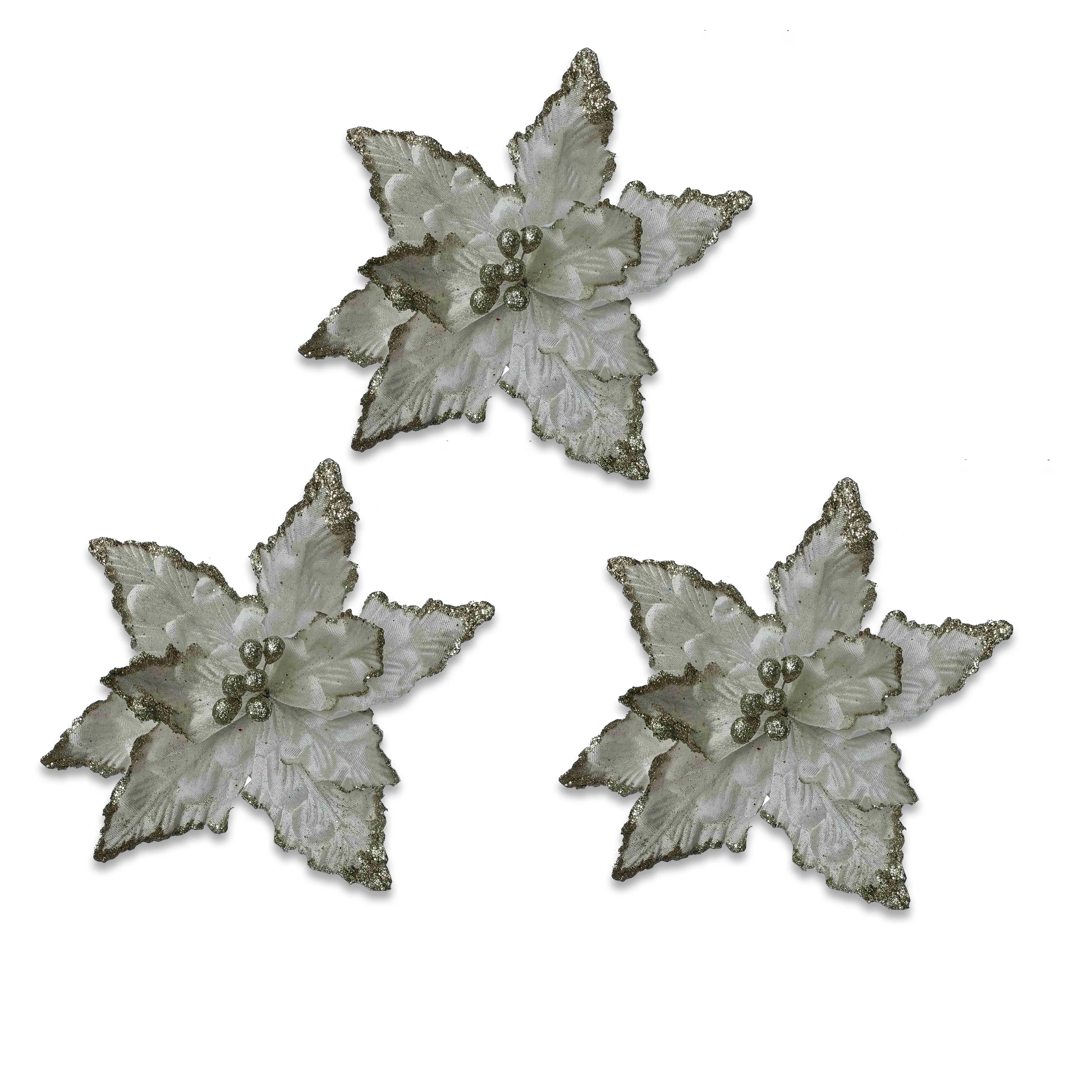 3 Pack of White Poinsettia Picks with Berry Centers