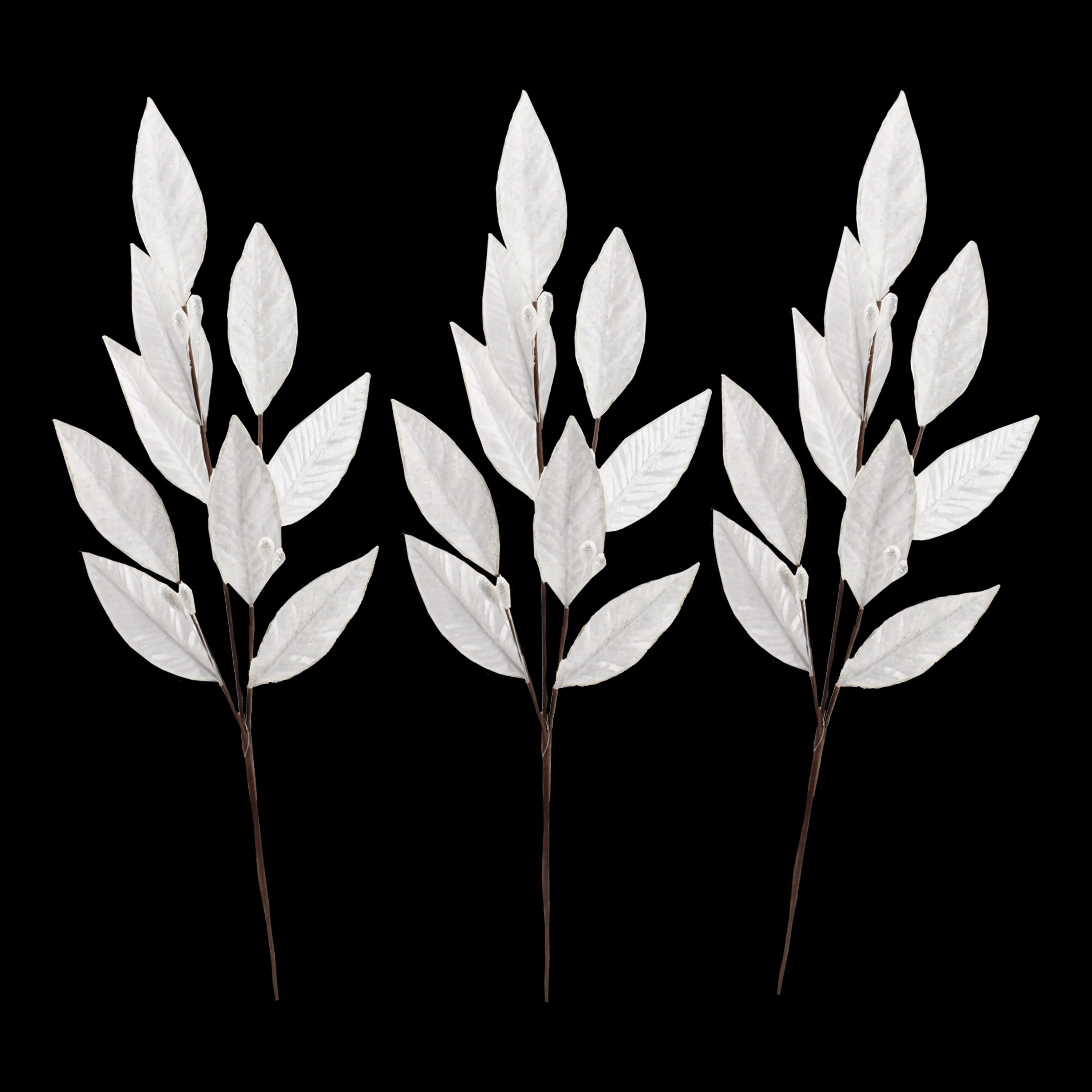 3 Pack of White Leafy Picks with Silver Glitter Accents - Image 2