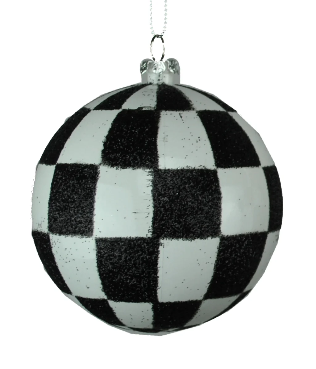 4 Pack of Black and White Checkered Ball Ornaments with Glitter Enhancements - Image 3