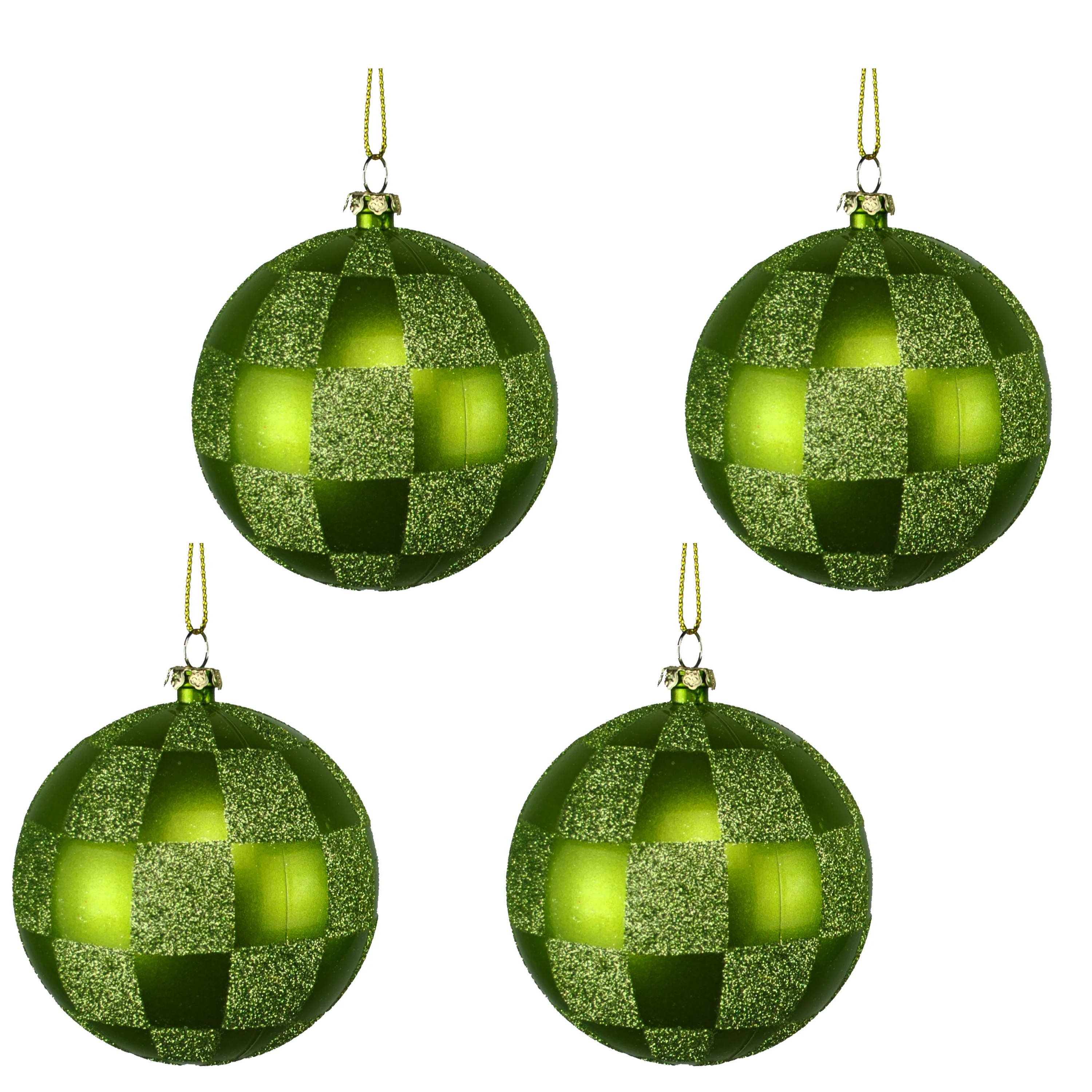 4 Pack of Lime Green and Sage Checkered Ball Ornaments with Glitter Enhancements