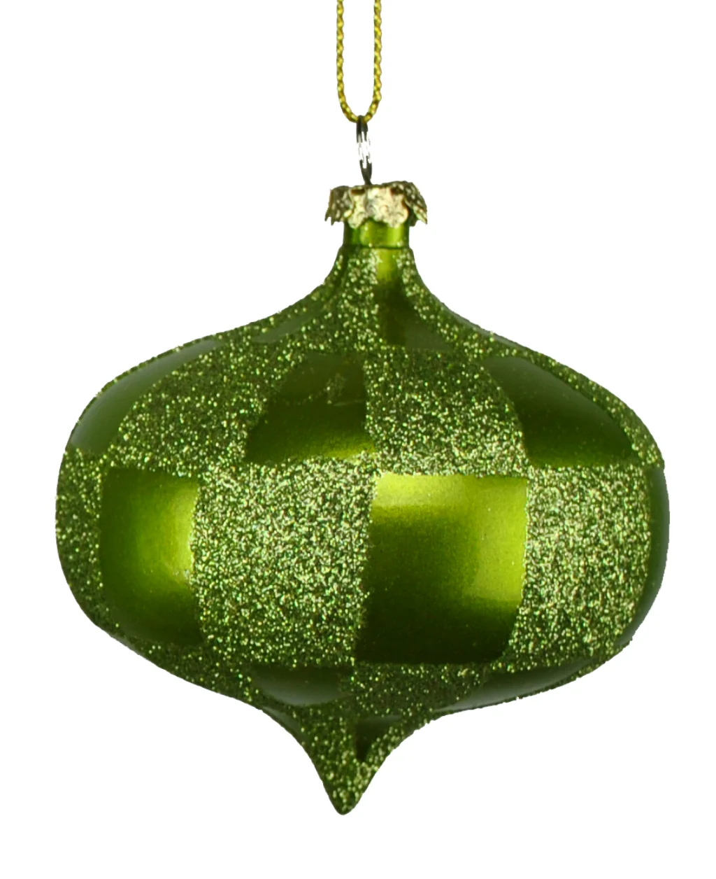 4 Pack of Lime Green and Sage Checkered Onion Ornaments with Glitter Enhancements - Image 2