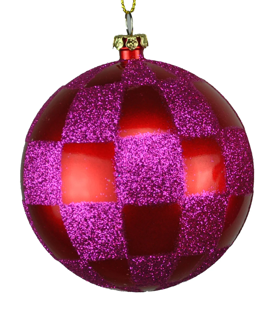 4 Pack of Red and Hot Pink Checkered Ball Ornaments with Glitter Enhancements - Image 2