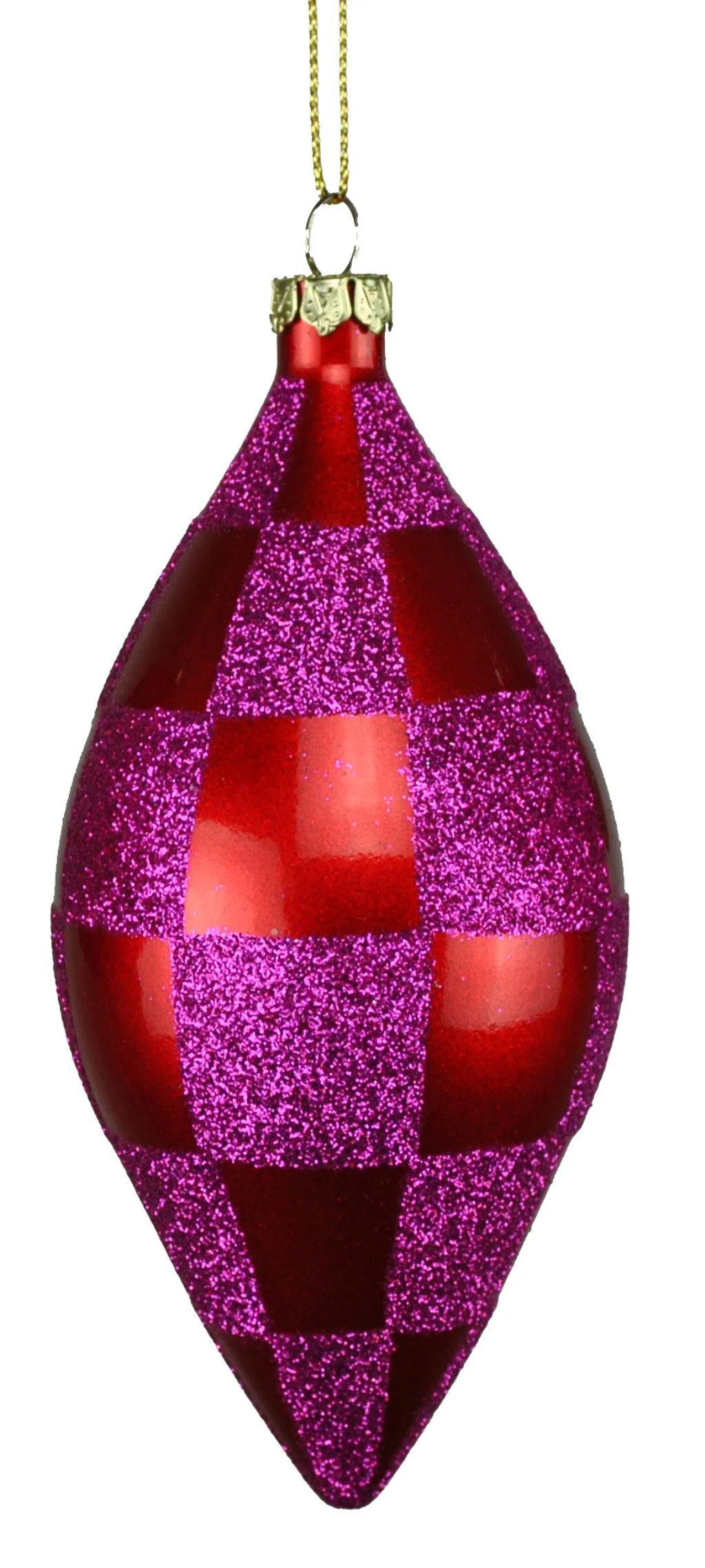 4 Pack or Red and Hot Pink Checkered Teardrop Ornaments with Glitter Enhancements - Image 2