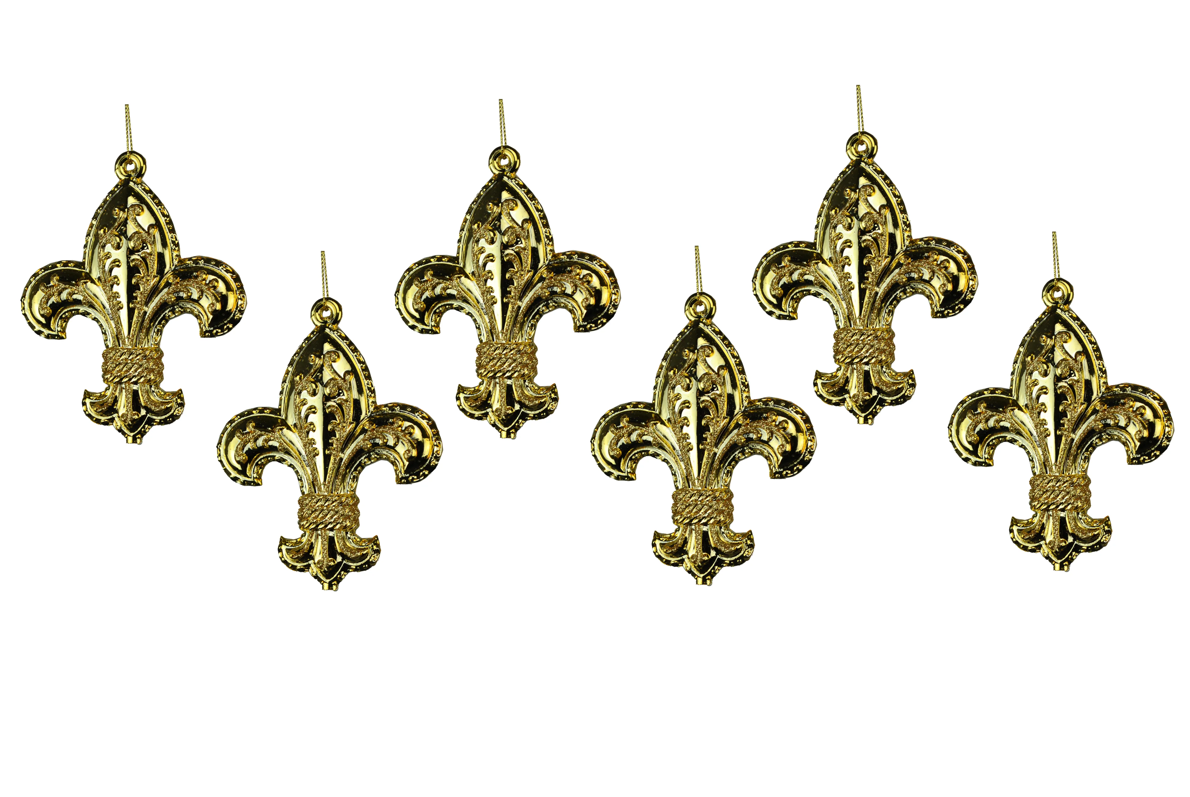 6 Pack of Shiny Gold Fleur Ornaments with Glitter Enhancements - Image 2