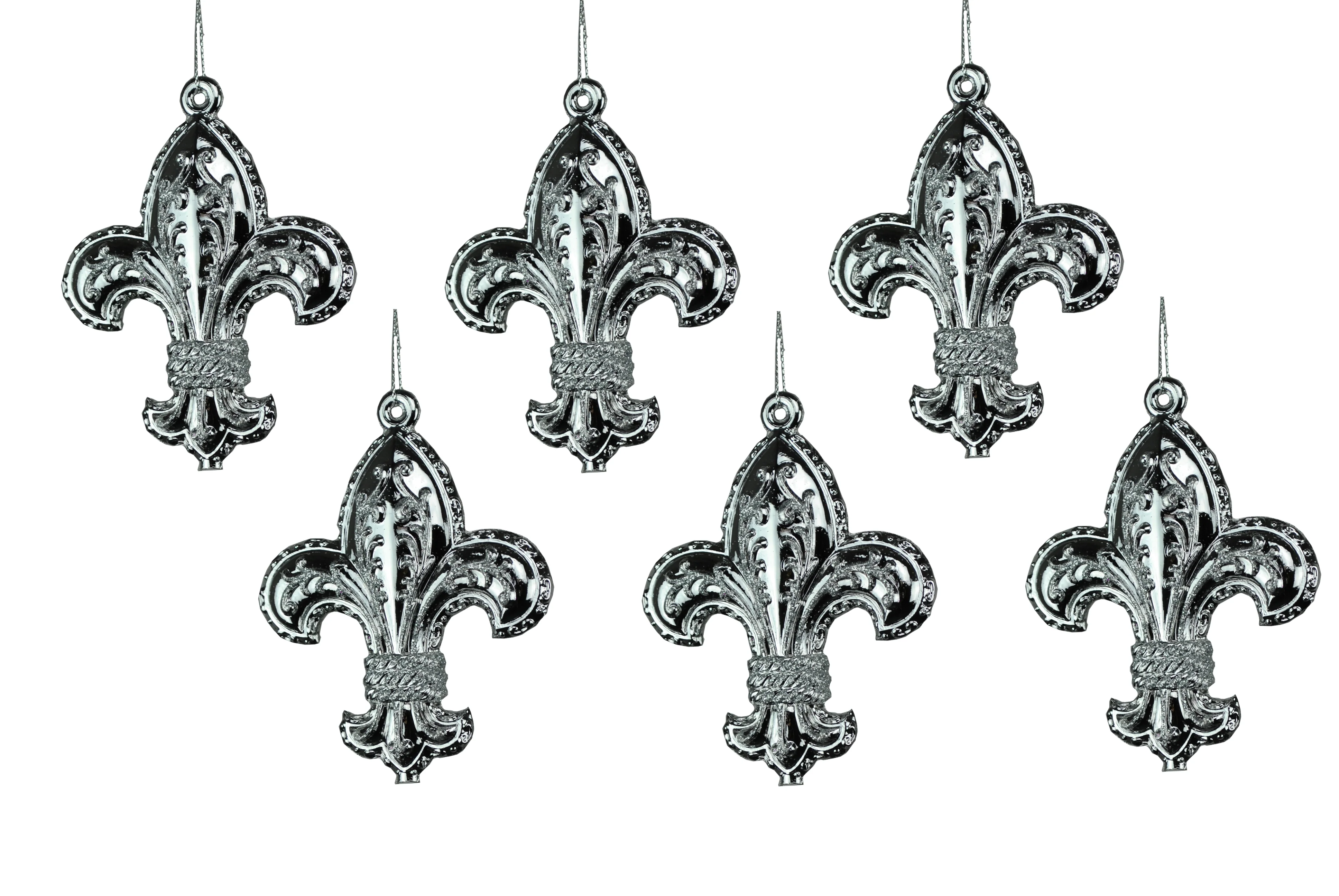6 Pack of Shiny Silver Fleur Ornaments with Glitter Enhancements - Image 2