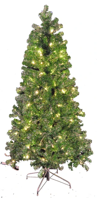 9' Green and Silver Tinsel Tree Pre Lit with LED Warm White Lights